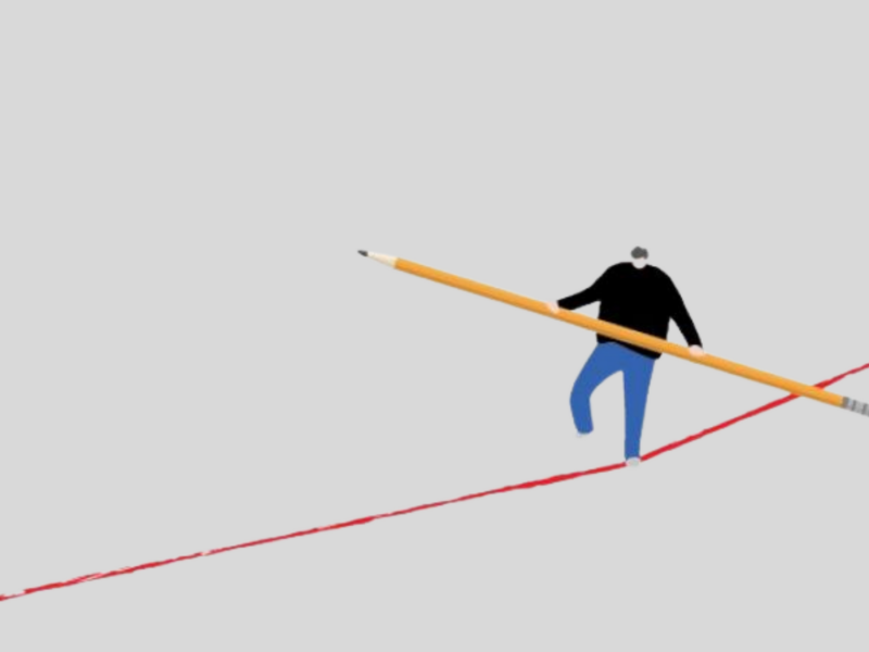 The image shows a person walking on a red line while holding a large pencil horizontally. The person appears to be balancing on the line, using the pencil for support.