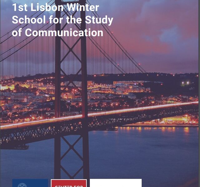 The image shows a promotional poster for the "1st Lisbon Winter School for the Study of Communication" with the title "Media and Populism." The background features a nighttime view of a bridge in Lisbon, Portugal, with city lights illuminating the scene. At the bottom of the poster, there are logos for Católica Lisbon School of Business & Economics, Center for Media at Risk, Winter School, and Media and Populism.