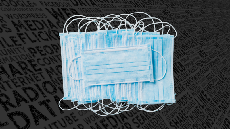 The image shows a pile of blue surgical masks overlapping each other, with their white ear loops tangled together. The background consists of various words related to media and technology, such as "WEB," "SOCIAL MEDIA," "GOOGLE," "YOUTUBE," and others, in a dark grey color.