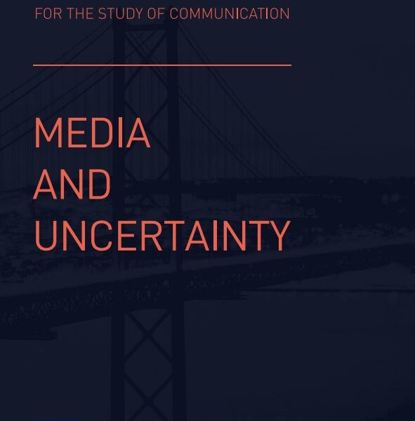 The image is a poster for the "2nd Lisbon Winter School for the Study of Communication." The main text on the poster reads "MEDIA AND UNCERTAINTY." There are logos at the bottom of the poster, including those for Católica Lisbon School of Business & Economics, Center for Media @ Risk, and Winter School Media Uncertainty.