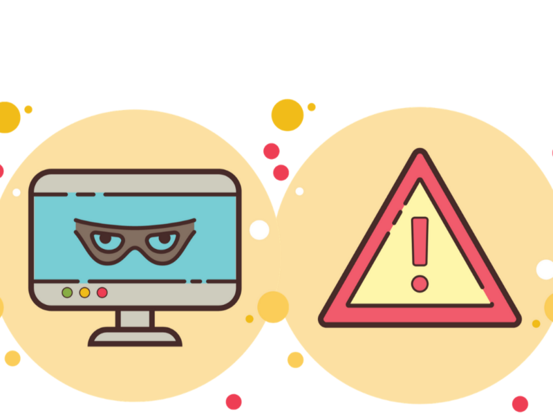 The image shows a repeating pattern of two icons. The first icon is a red triangular warning sign with an exclamation mark inside. The second icon is a computer monitor with eyes that appear to be glaring or looking suspiciously. These icons alternate and are set against a yellow circular background with small red and orange dots scattered around.