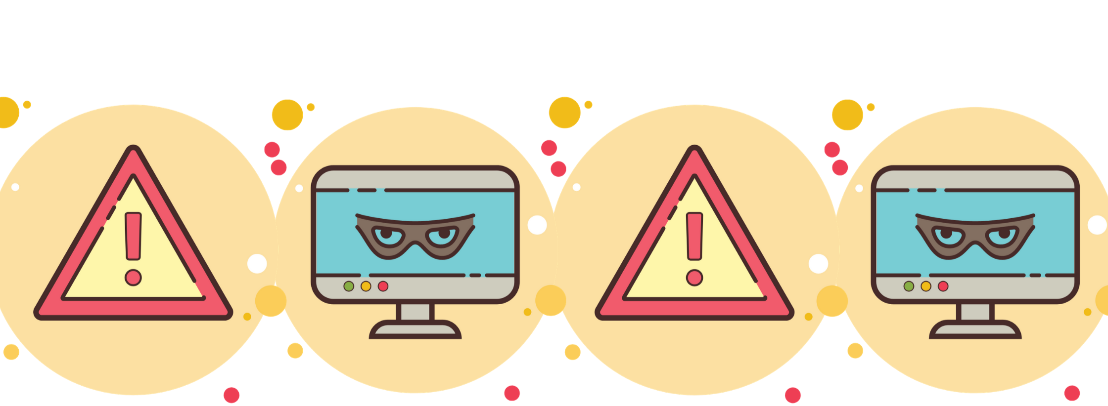 The image shows a repeating pattern of two icons. The first icon is a red triangular warning sign with an exclamation mark inside. The second icon is a computer monitor with eyes that appear to be glaring or looking suspiciously. These icons alternate and are set against a yellow circular background with small red and orange dots scattered around.