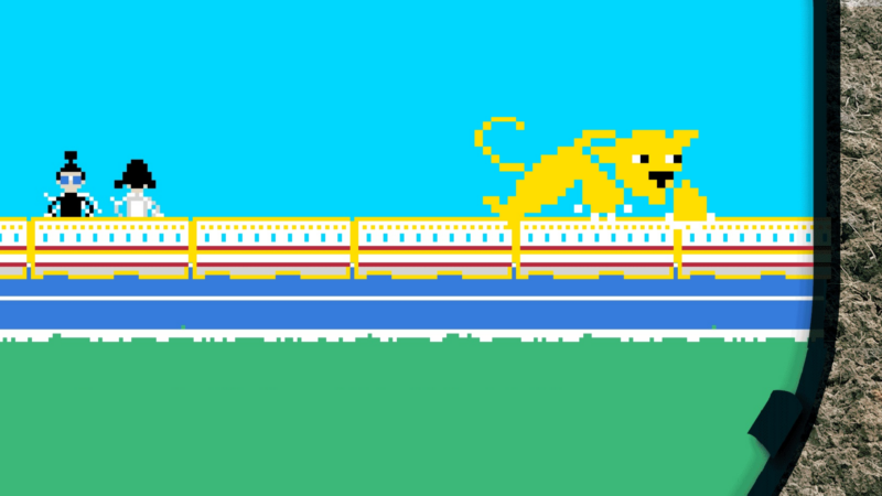 The image shows a pixelated scene with two characters on the left side and a large yellow creature on the right side. The background is blue, and there is a fence separating the characters from the creature. The ground is green with blue and white stripes near the fence.