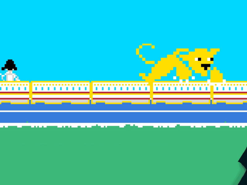 The image shows a pixelated scene with two characters on the left side and a large yellow creature on the right side. The background is blue, and there is a fence separating the characters from the creature. The ground is green with blue and white stripes near the fence.