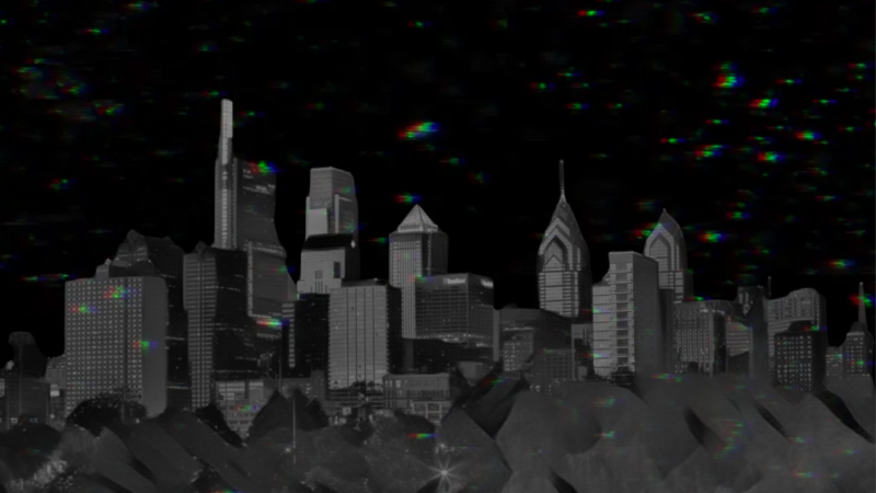 The image shows a grayscale city skyline at night with various tall buildings. The sky is dark and has a glitchy, pixelated effect with colorful distortions scattered throughout.