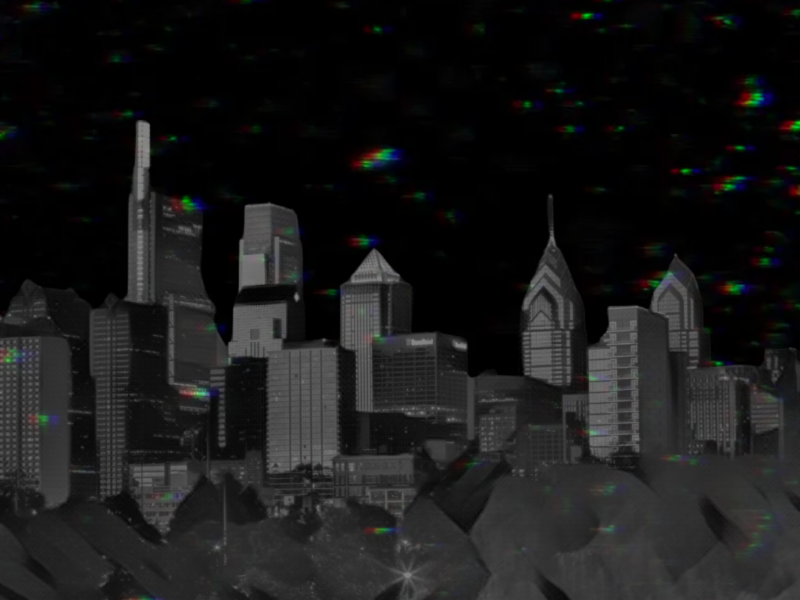 The image shows a grayscale city skyline at night with various tall buildings. The sky is dark and has a glitchy, pixelated effect with colorful distortions scattered throughout.