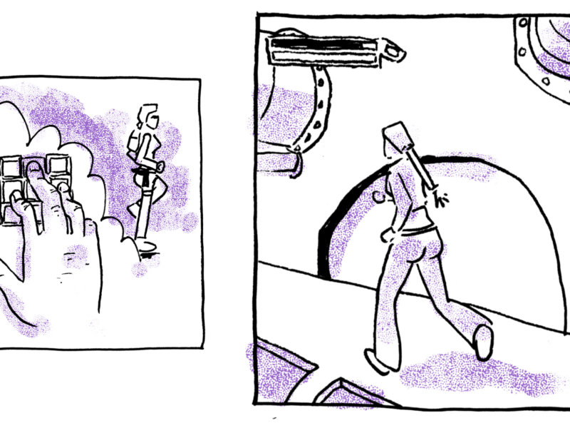 Left Panel: A hand pressing buttons on a keypad, with the number "5" visible above the keypad. Right Panel: A person walking away in an industrial or mechanical setting, with large pipes and machinery visible in the background.