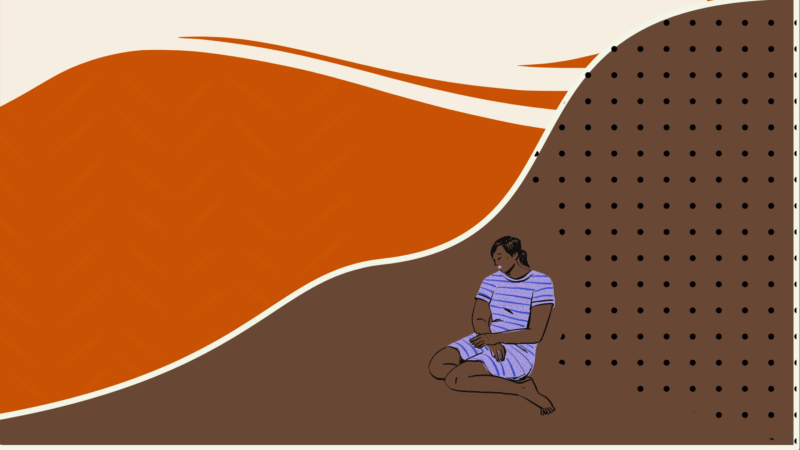 The image shows an abstract background with a person sitting on the ground. The background consists of three main sections: the top section is a light beige color with orange wavy lines, the middle section is a solid orange color, and the bottom section is brown with black dots. The person in the image is wearing a purple and white striped outfit and appears to be sitting cross-legged on the brown section of the background.