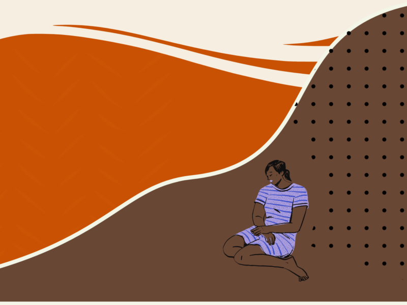 The image shows an abstract background with a person sitting on the ground. The background consists of three main sections: the top section is a light beige color with orange wavy lines, the middle section is a solid orange color, and the bottom section is brown with black dots. The person in the image is wearing a purple and white striped outfit and appears to be sitting cross-legged on the brown section of the background.