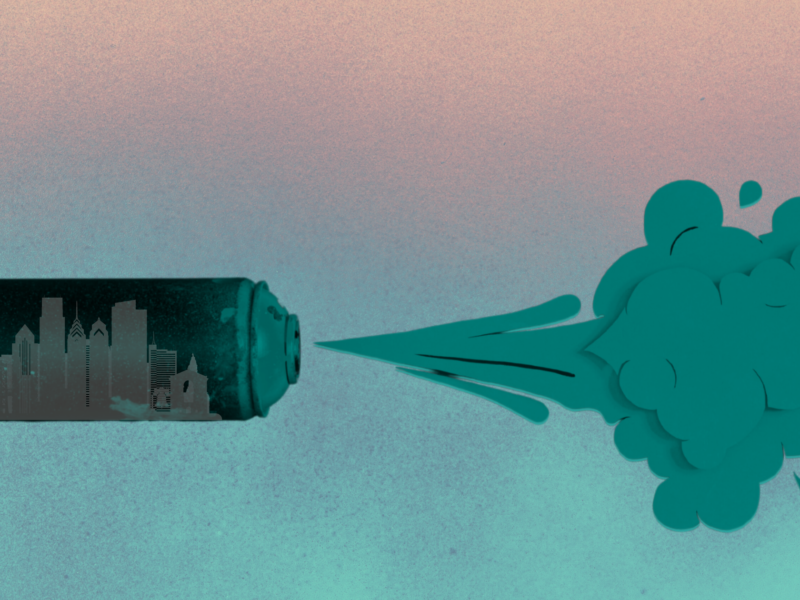 The image shows a spray paint can with a cityscape design on it, spraying teal-colored paint or vapor to the right.