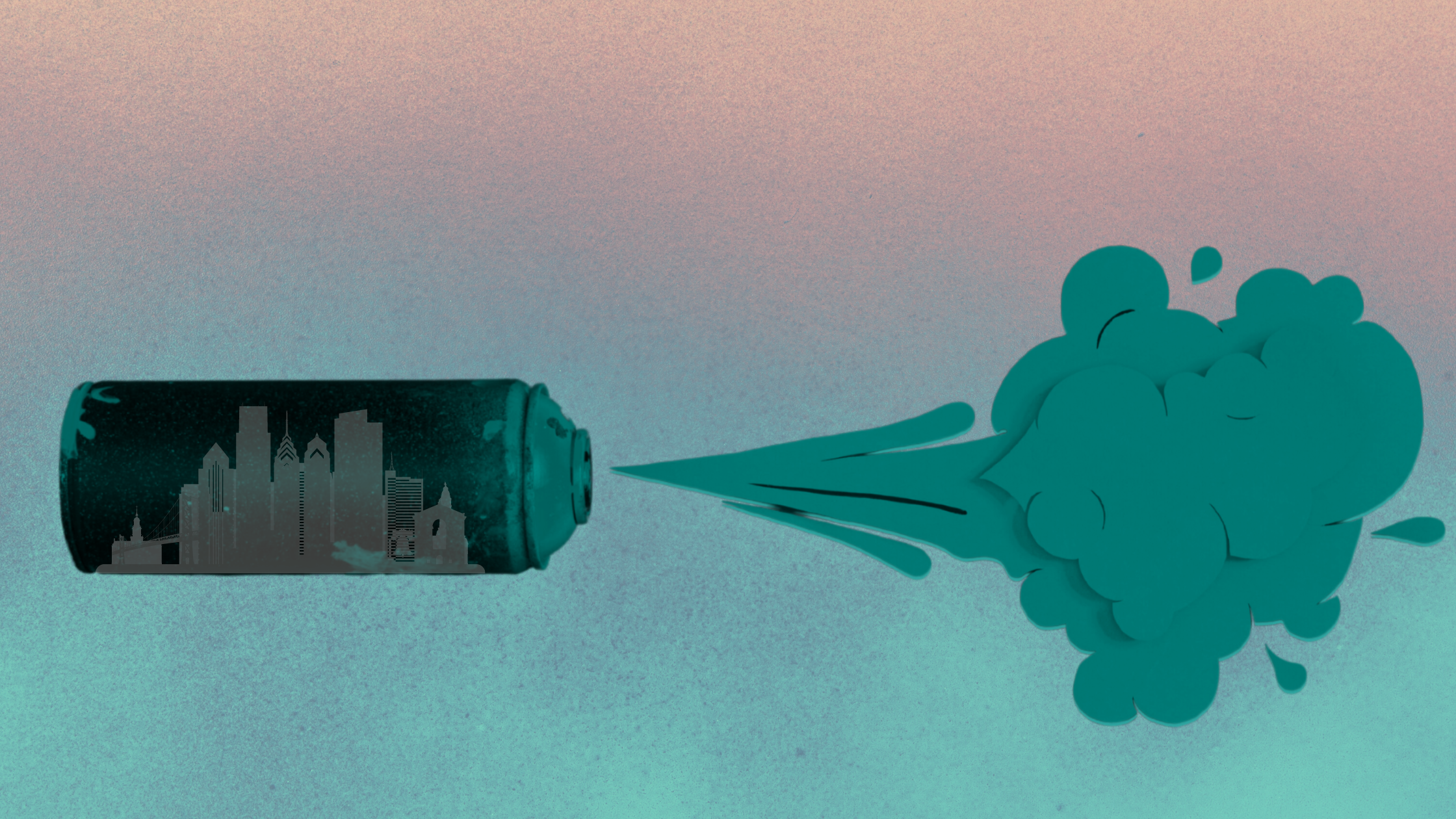 The image shows a spray paint can with a cityscape design on it, spraying teal-colored paint or vapor to the right.