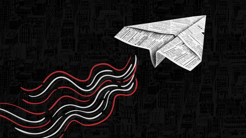 A paper airplane made from newspaper flying through a dark cityscape background, with red and white wavy lines trailing behind to suggest motion