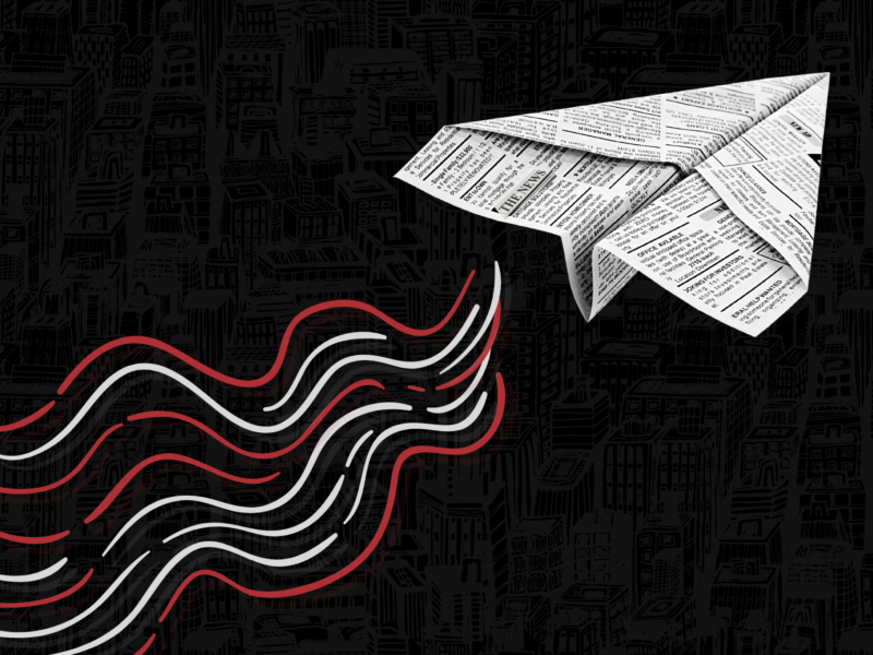 A paper airplane made from newspaper flying through a dark cityscape background, with red and white wavy lines trailing behind to suggest motion