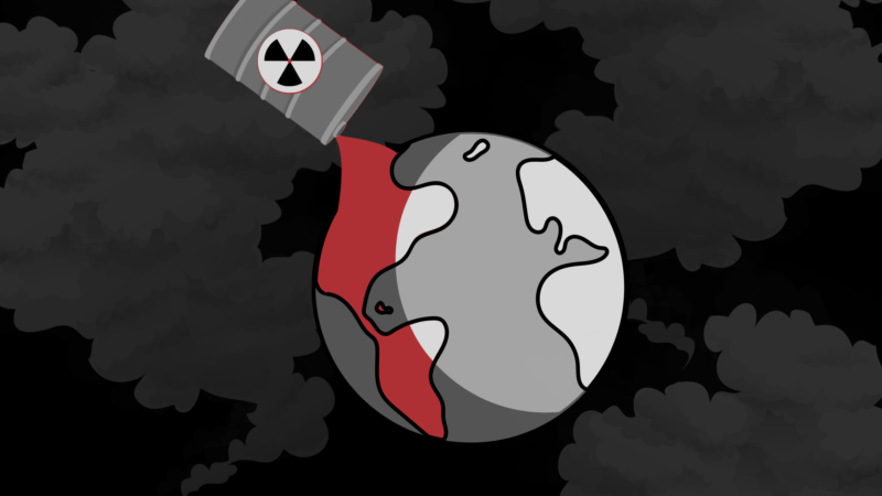 A barrel marked with a radioactive symbol pouring red liquid onto a grayscale Earth, set against a background of dark clouds.