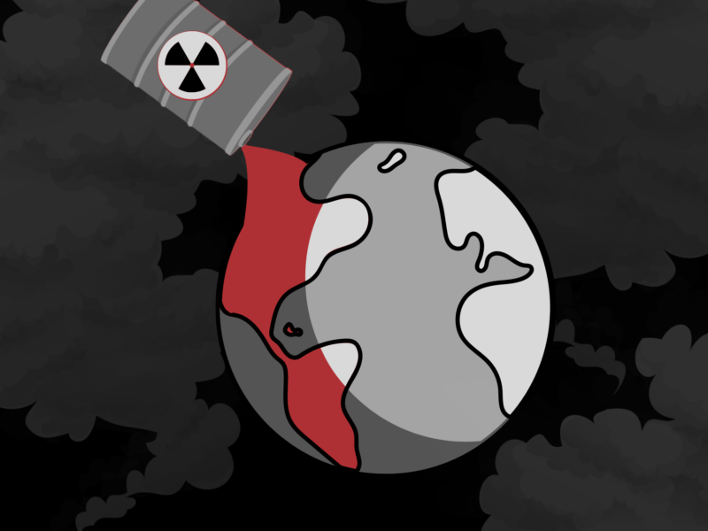 A barrel marked with a radioactive symbol pouring red liquid onto a grayscale Earth, set against a background of dark clouds.