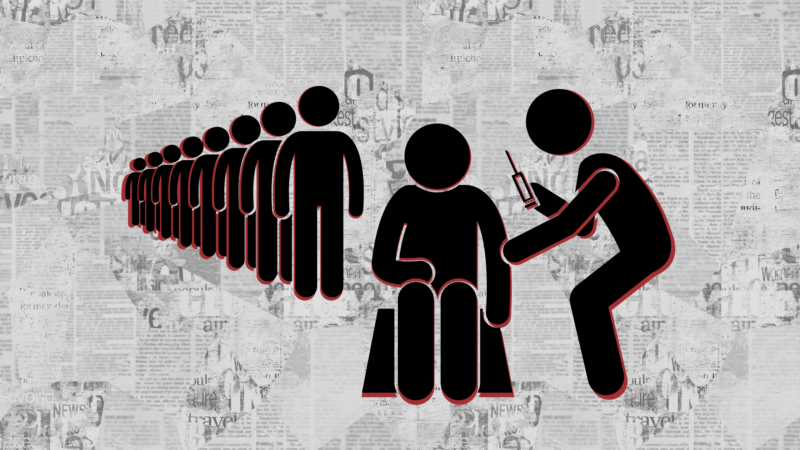 A line of stick figure people waiting, with one seated and receiving an injection from another figure, set against a background of newspaper clippings