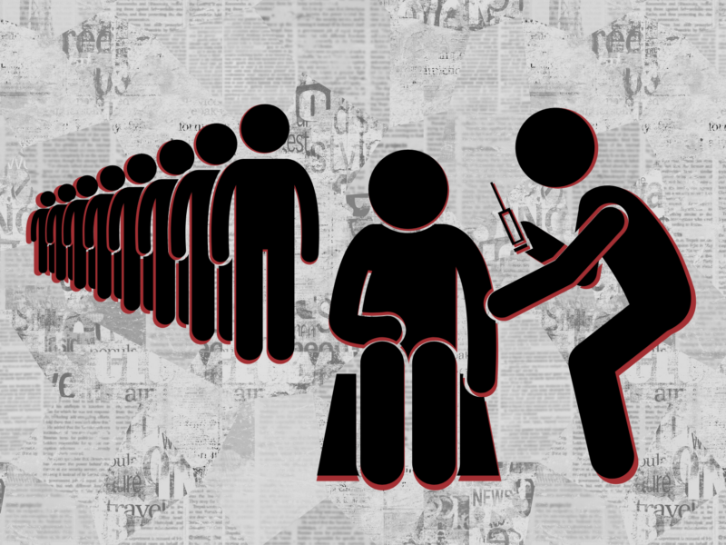 A line of stick figure people waiting, with one seated and receiving an injection from another figure, set against a background of newspaper clippings