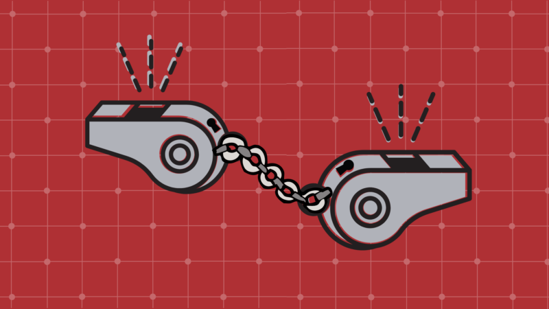 Two gray whistles connected by a chain on a red grid-patterned background, with sound lines indicating they are being blown