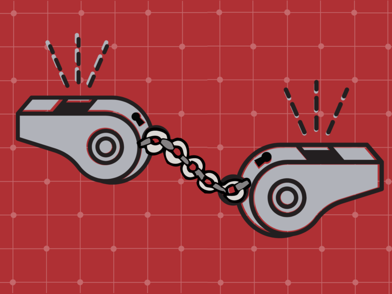 Two gray whistles connected by a chain on a red grid-patterned background, with sound lines indicating they are being blown
