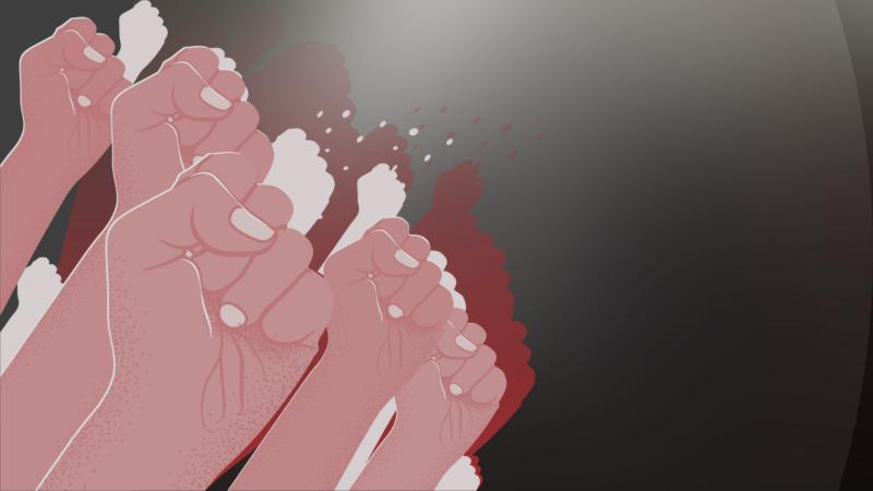 The image shows multiple raised fists in a repetitive pattern, with the fists colored in shades of pink and red. The background is dark, transitioning from black to gray. There is no text or math present in the image.