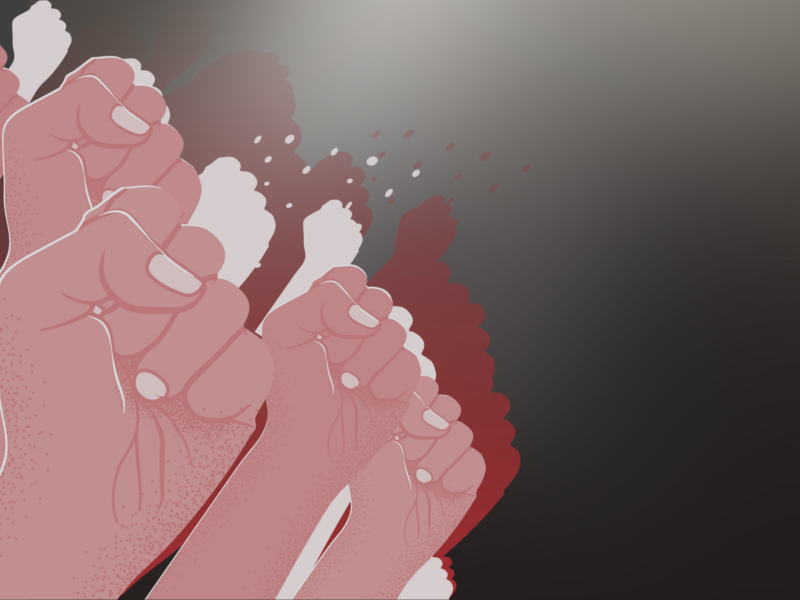 The image shows multiple raised fists in a repetitive pattern, with the fists colored in shades of pink and red. The background is dark, transitioning from black to gray. There is no text or math present in the image.
