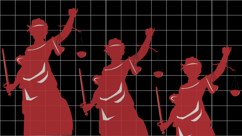 The image shows three red silhouettes of Lady Justice holding a sword in one hand and scales in the other, against a black background with a white grid overlay.