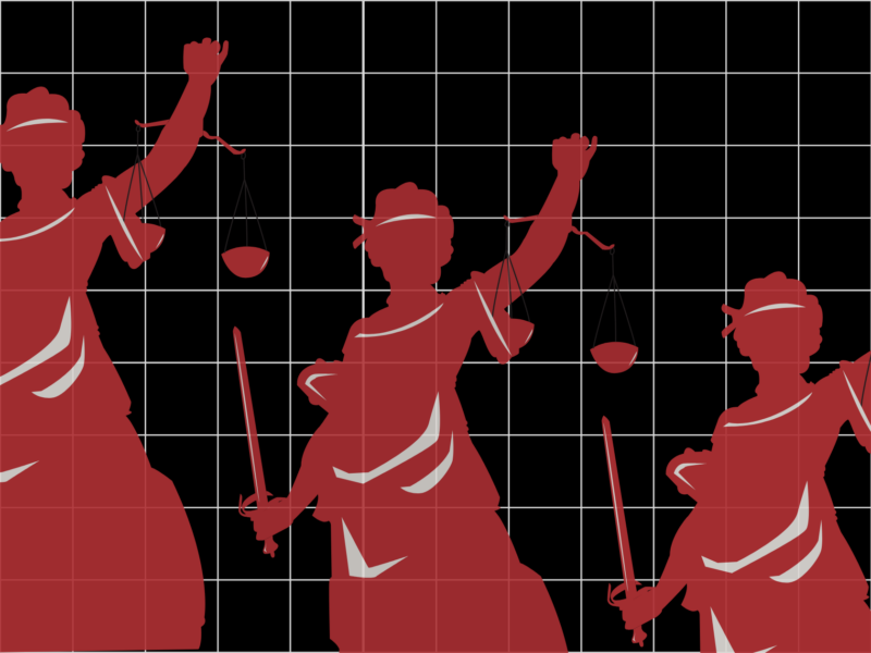 The image shows three red silhouettes of Lady Justice holding a sword in one hand and scales in the other, against a black background with a white grid overlay.