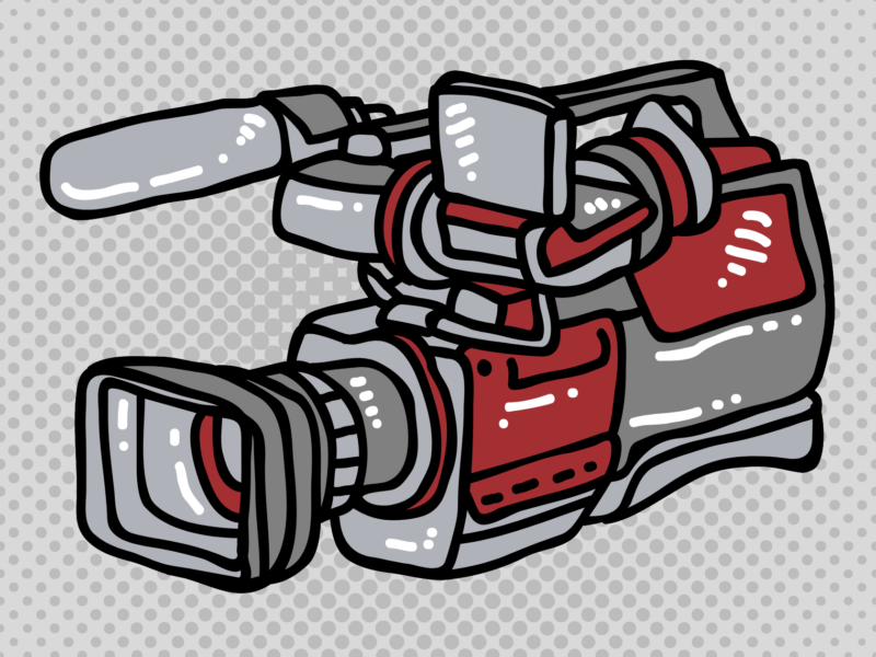 The image shows a stylized illustration of a video camera with red and gray colors. The camera has a large lens, a microphone on top, and various buttons and components visible. The background consists of a pattern of gray dots.