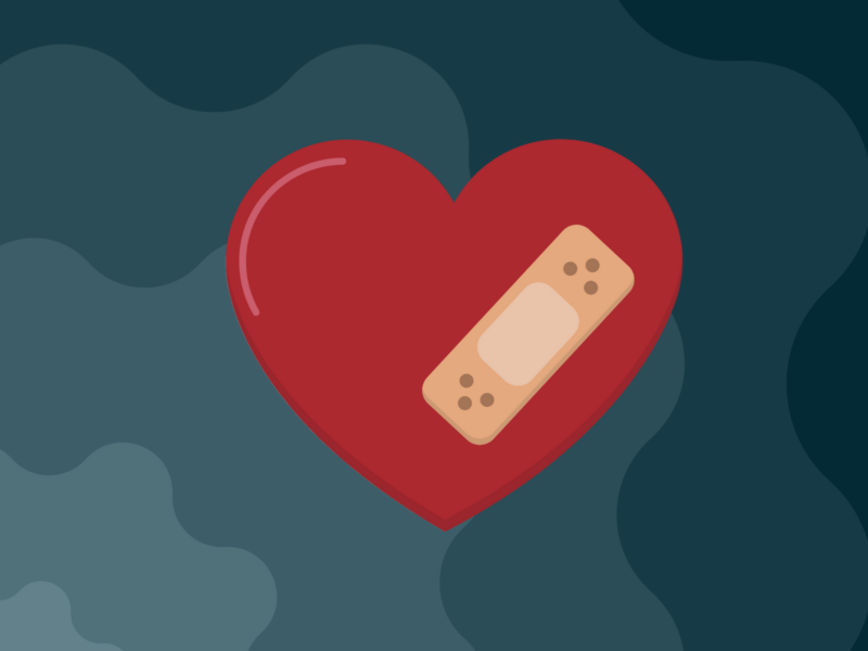 The image shows a red heart with a beige band-aid on it, set against a dark, abstract background.