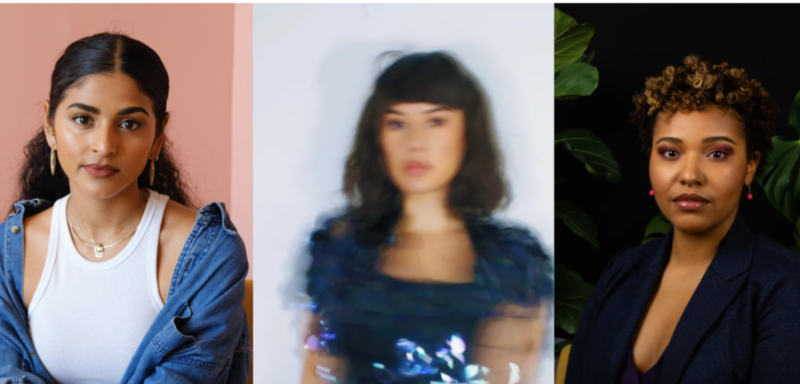 The image shows headshots of three individuals. The first individual is wearing a white tank top and a denim jacket, with earrings and a necklace. The second individual is wearing a blue, sparkly outfit and appears to be in motion, causing the image to be blurry. The third individual is dressed in formal attire with a dark blazer and red drop earrings. There are green leaves visible in the background of the third individual's image.