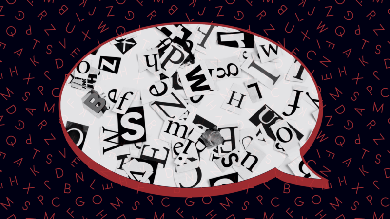 The image shows a speech bubble filled with various letters in different fonts and sizes. The background is dark with scattered red letters.