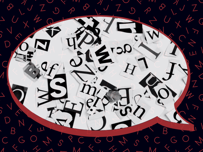 The image shows a speech bubble filled with various letters in different fonts and sizes. The background is dark with scattered red letters.