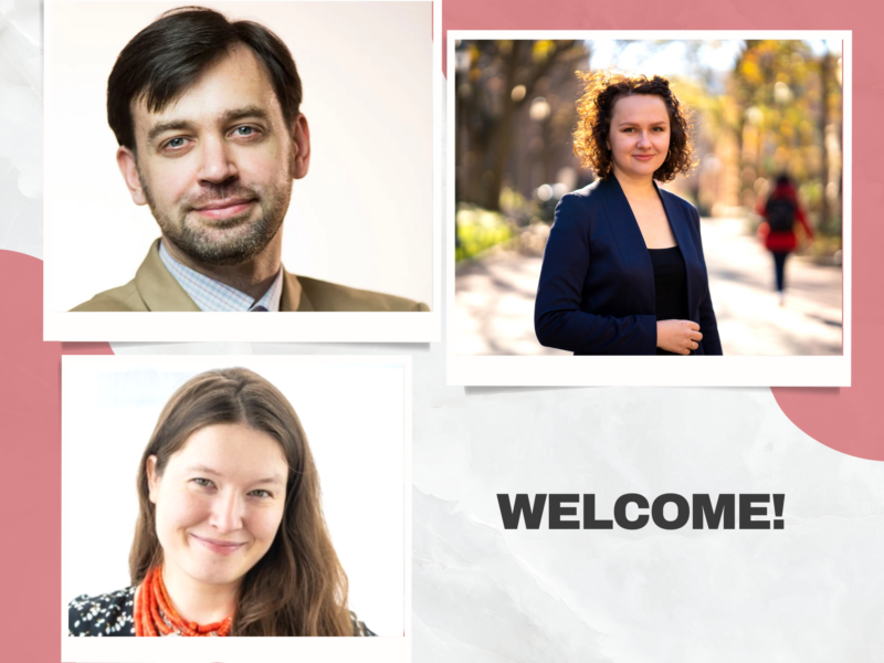 Image of three headshots with text that reads "welcome"