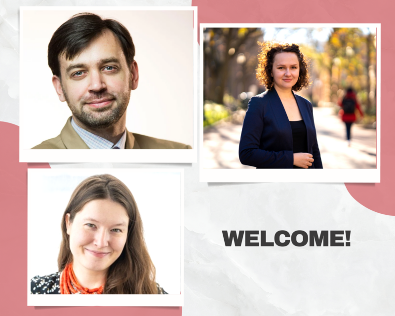 Image of three headshots with text that reads "welcome"