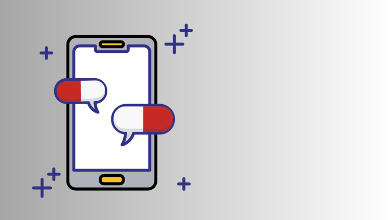Cartoon image of a cell phone with message bubbles that look like medical pills.