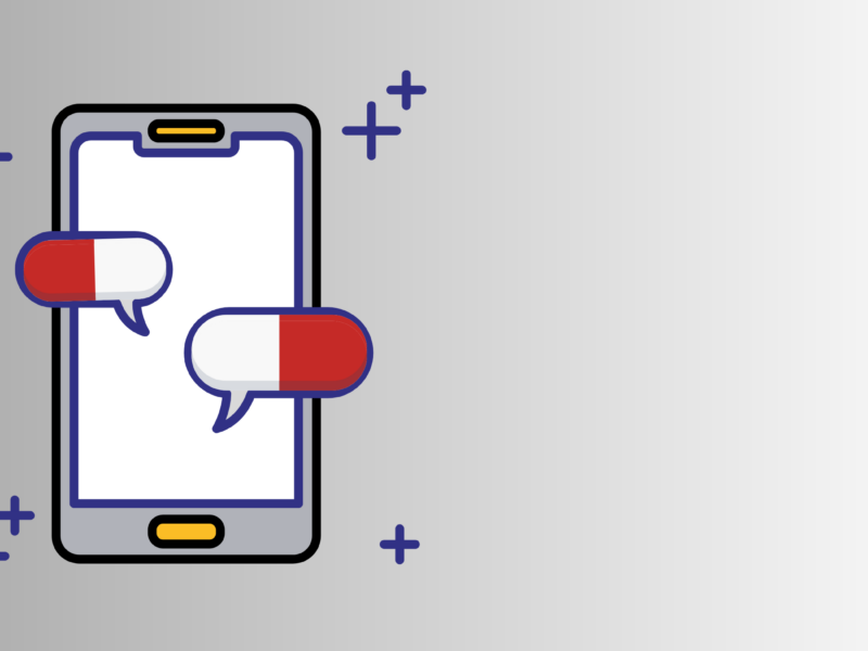 Cartoon image of a cell phone with message bubbles that look like medical pills.