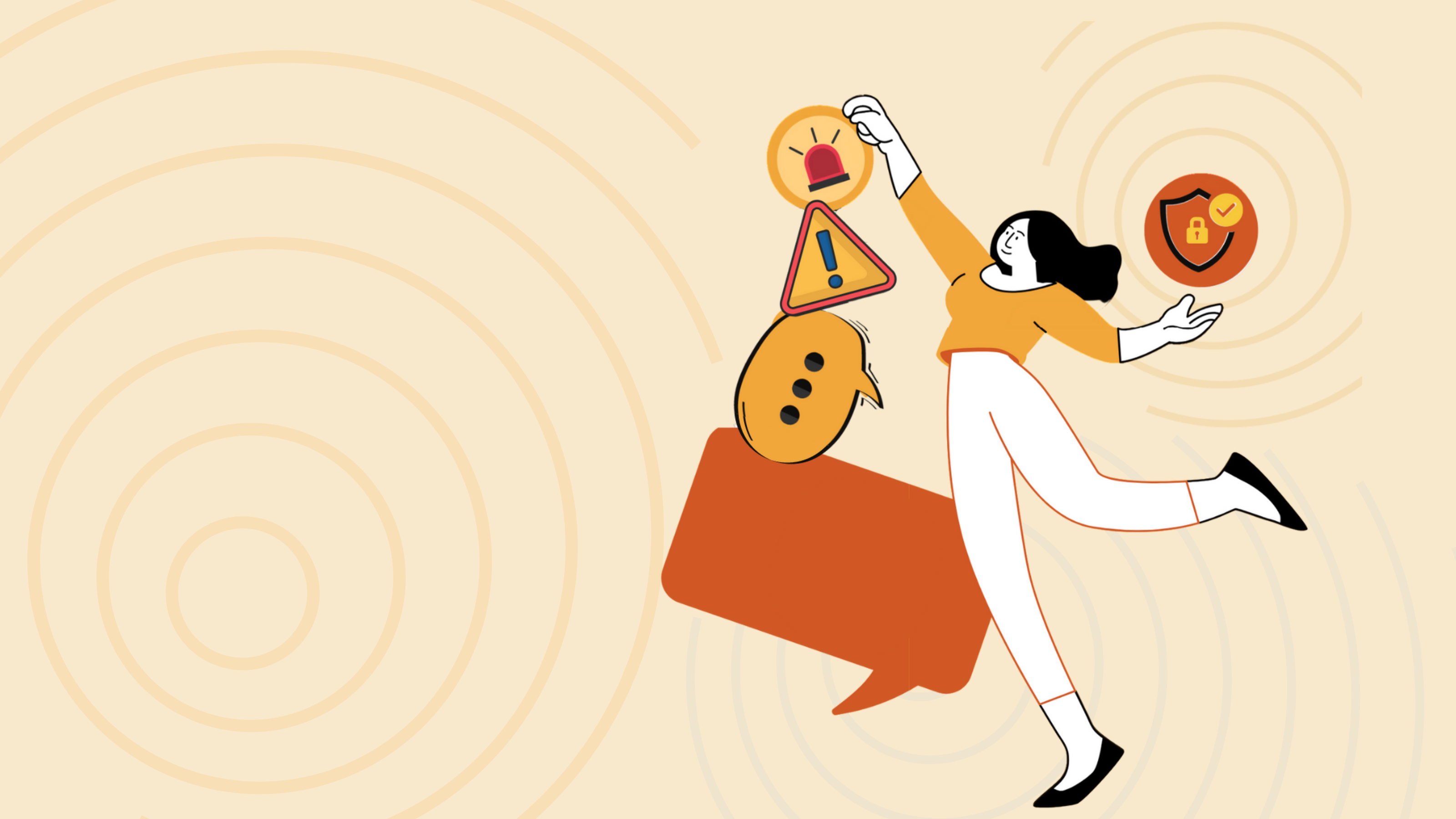 The image shows an illustration of a person in motion, reaching out towards various icons. The icons include a red alarm bell, a yellow warning triangle with an exclamation mark, a speech bubble with three dots, and a shield with a lock. The background features concentric circles in light beige tones.