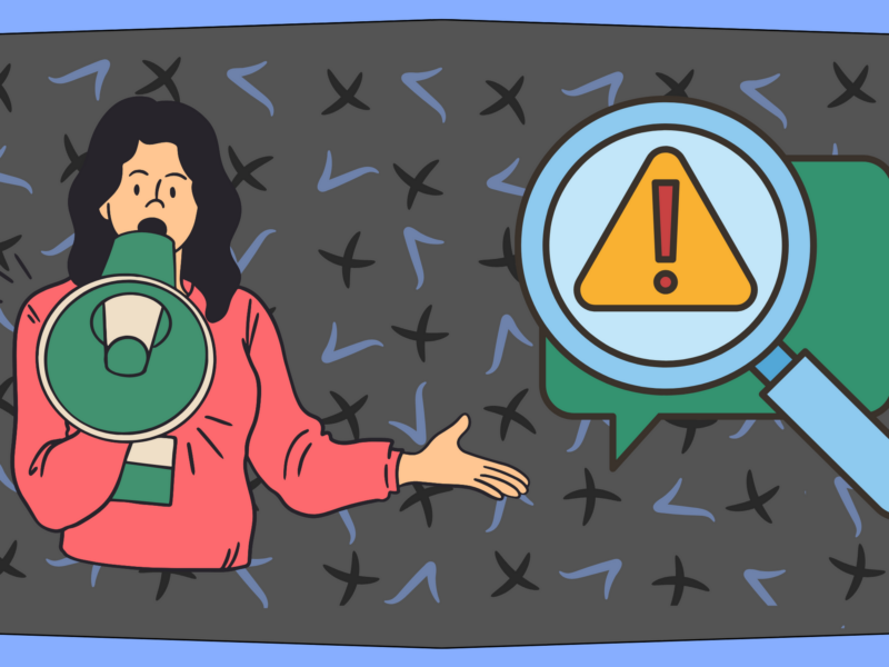 The image shows a person holding a megaphone and speaking, with one hand extended outward. To the right of the person, there is an icon of a magnifying glass over a speech bubble containing an exclamation mark inside a yellow triangle. The background is dark with scattered X marks in light blue and gray colors.