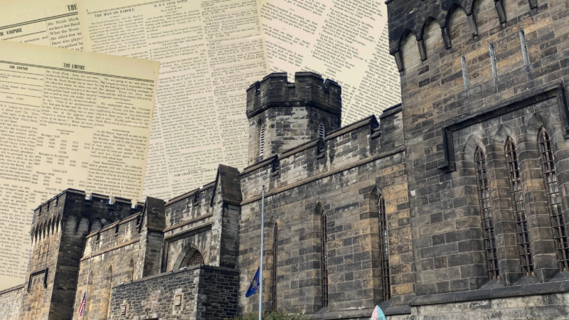 The image depicts the Eastern State penitentiary. Overlaid on the structure are pages of text, likely from old newspapers or documents. In the top left corner, there is a logo with the text "MEDIA @ RISK" and an icon of sound waves. At the bottom of the image, there is a black banner with white text that reads: "EPISODE 24 - THE EASTERN ECHO & THE UMPIRE: CONTEXTUALIZING THE PENAL PRESS OF EASTERN STATE PENITENTIARY."