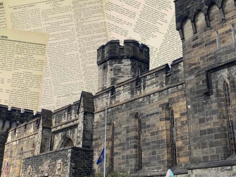 The image depicts the Eastern State penitentiary. Overlaid on the structure are pages of text, likely from old newspapers or documents. In the top left corner, there is a logo with the text "MEDIA @ RISK" and an icon of sound waves. At the bottom of the image, there is a black banner with white text that reads: "EPISODE 24 - THE EASTERN ECHO & THE UMPIRE: CONTEXTUALIZING THE PENAL PRESS OF EASTERN STATE PENITENTIARY."