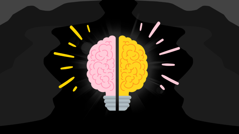 Image of a cartoon brain - one side yellow, one side pink