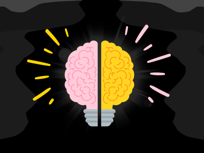 Image of a cartoon brain - one side yellow, one side pink