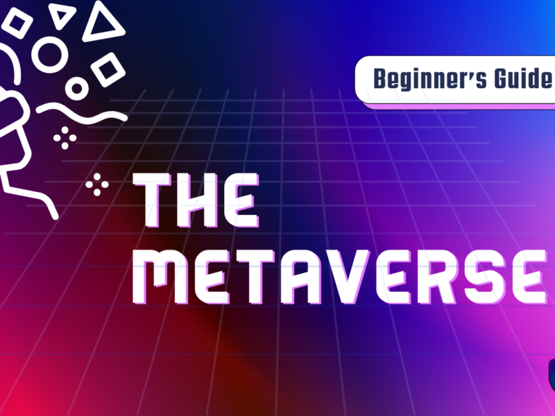 The image is a colorful graphic with a gradient background transitioning from blue to purple to pink. It features a grid pattern in the center. On the left side, there is an outline of a person wearing virtual reality goggles with abstract shapes around the head, indicating immersion in a virtual environment. The text "THE METAVERSE" is prominently displayed in bold white letters in the center of the image. In the top right corner, there is a label that reads "Beginner's Guide" next to an icon of a magnifying glass. At the bottom left corner, there is a logo for "CENTER FOR MEDIA @ RISK." In the bottom right corner, there is an illustration of VR goggles.