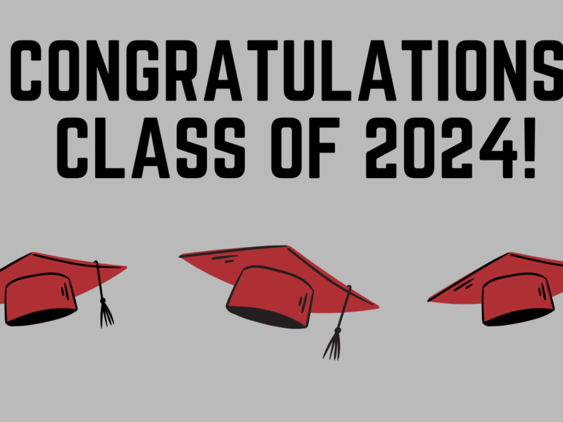 The image shows a congratulatory message for the graduating class of 2024. The text "CONGRATULATIONS, CLASS OF 2024!" is written in bold, black letters at the top. Below the text, there are three red graduation caps with tassels hanging from them, arranged in a row against a gray background.