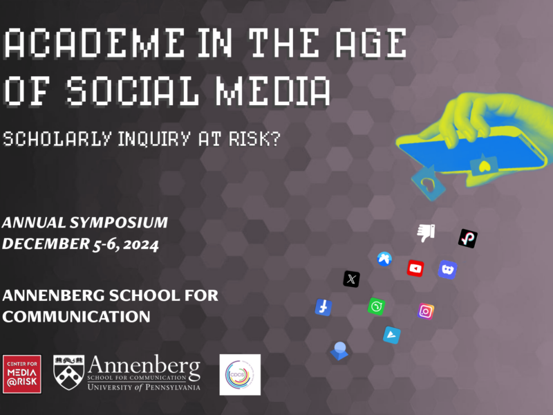 The image is a promotional poster for an event titled "Academe in the Age of Social Media: Scholarly Inquiry at Risk?" The background is a gradient of dark grey hexagons. At the top, the title "ACADEME IN THE AGE OF SOCIAL MEDIA" is written in large white text, followed by "SCHOLARLY INQUIRY AT RISK?" in smaller white text. Below this, on the left side, it states "ANNUAL SYMPOSIUM DECEMBER 5-6, 2024" and "ANNENBERG SCHOOL FOR COMMUNICATION." The Annenberg School for Communication logo and University of Pennsylvania logo are displayed at the bottom left corner. On the right side of the image, there is a stylized illustration of a hand holding a smartphone with various social media icons (such as Facebook, Twitter, Instagram) floating out from it.