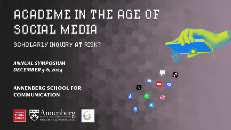The image is a promotional poster for an event titled "Academe in the Age of Social Media: Scholarly Inquiry at Risk?" The background is a gradient of dark grey hexagons. At the top, the title "ACADEME IN THE AGE OF SOCIAL MEDIA" is written in large white text, followed by "SCHOLARLY INQUIRY AT RISK?" in smaller white text. Below this, on the left side, it states "ANNUAL SYMPOSIUM DECEMBER 5-6, 2024" and "ANNENBERG SCHOOL FOR COMMUNICATION." The Annenberg School for Communication logo and University of Pennsylvania logo are displayed at the bottom left corner. On the right side of the image, there is a stylized illustration of a hand holding a smartphone with various social media icons (such as Facebook, Twitter, Instagram) floating out from it.