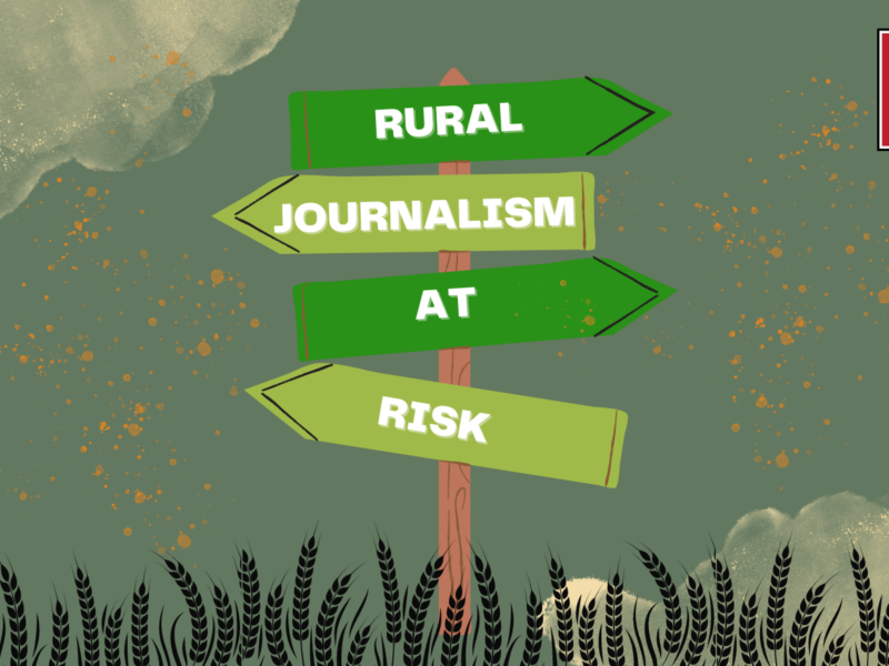 The image shows a signpost with three green directional arrows pointing to the right. The arrows are labeled "RURAL," "JOURNALISM," and "AT RISK." The background features a cloudy sky and tall grass at the bottom. In the top right corner, there is a red box with white text that reads "CENTER FOR MEDIA @ RISK."
