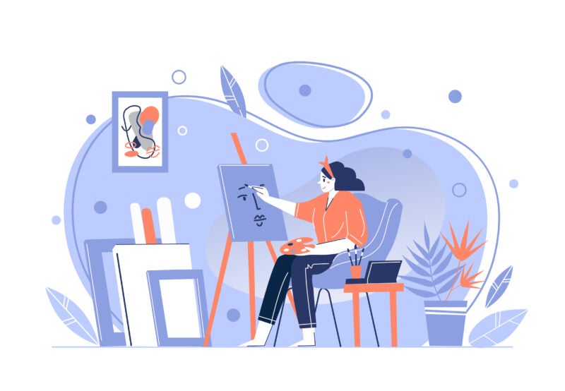 A person is sitting on a chair and painting on a canvas placed on an easel. The scene is set in an art studio with abstract decor, including a framed picture on the wall, books, and plants. The color scheme is predominantly blue and purple with some red accents.