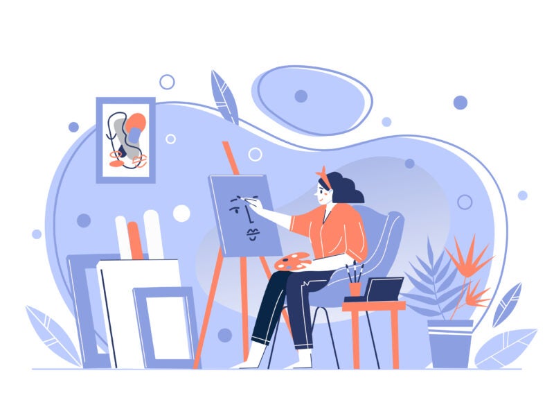 A person is sitting on a chair and painting on a canvas placed on an easel. The scene is set in an art studio with abstract decor, including a framed picture on the wall, books, and plants. The color scheme is predominantly blue and purple with some red accents.