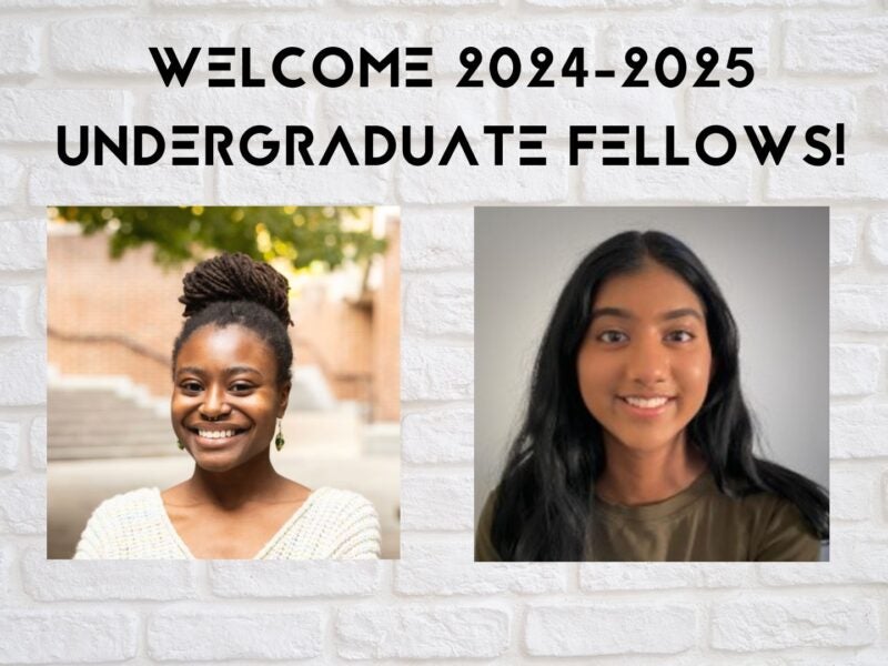 The image shows two individuals positioned side by side against a white brick wall background. Above the individuals, there is text that reads: "Center for Media at Risk Undergraduate Fellows".